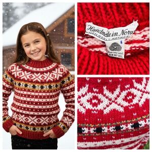 Handmade Norway Sweater Kids L 100%‎ Chunky Wool Nordic Fair Isle Red Snowflakes